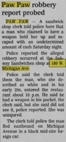 Tastee Freez Big Tee Burger (Jonesys Pizza) - Jan 1993 Another Robbery